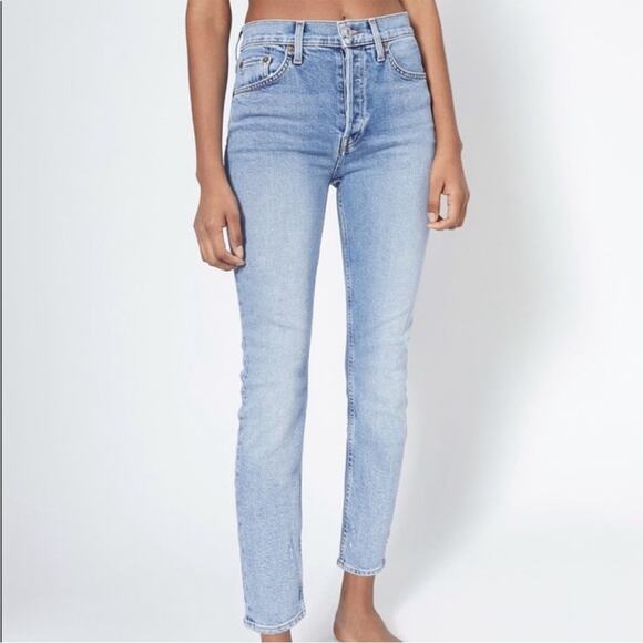 Re/Done Women’s 90’s High Rise Ankle Crop Denim Jeans Size 28 Distressed Hem - Picture 1 of 11